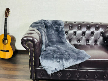 Real Full Skin Pelt Rex Rabbit Grey Color Fur Blanket Throw • Housewarming Gift Sofa Cover n Bedspread •  Handmade Genuine Fur